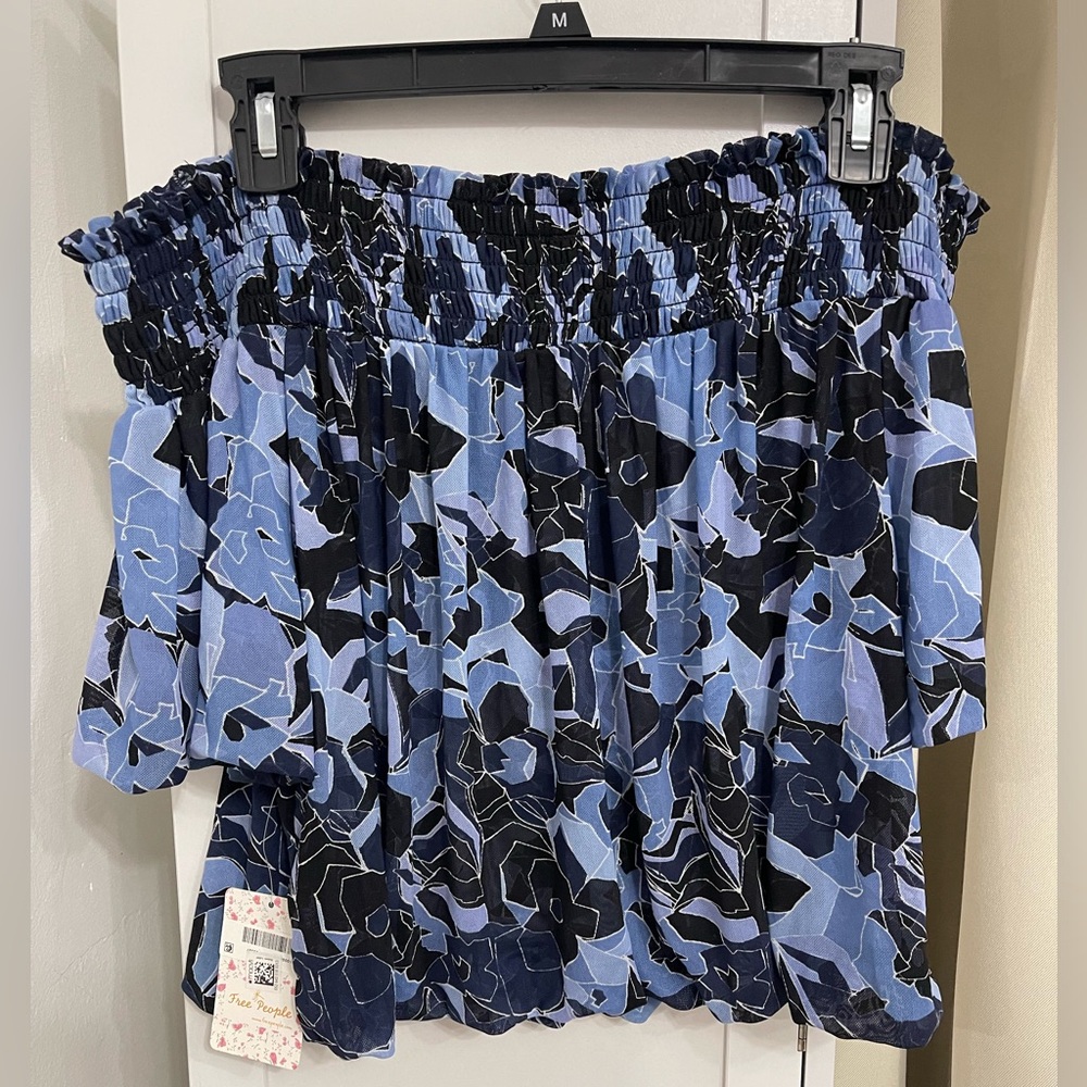 Free People Blue and Black Floral Off-Shoulder Blouse, Size Medium